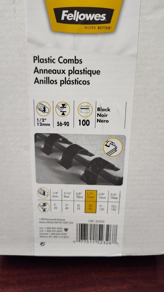 Fellowes Plastic Comb Bindings 1/2" Diameter 90 Sheet Capacity Black 100 ct