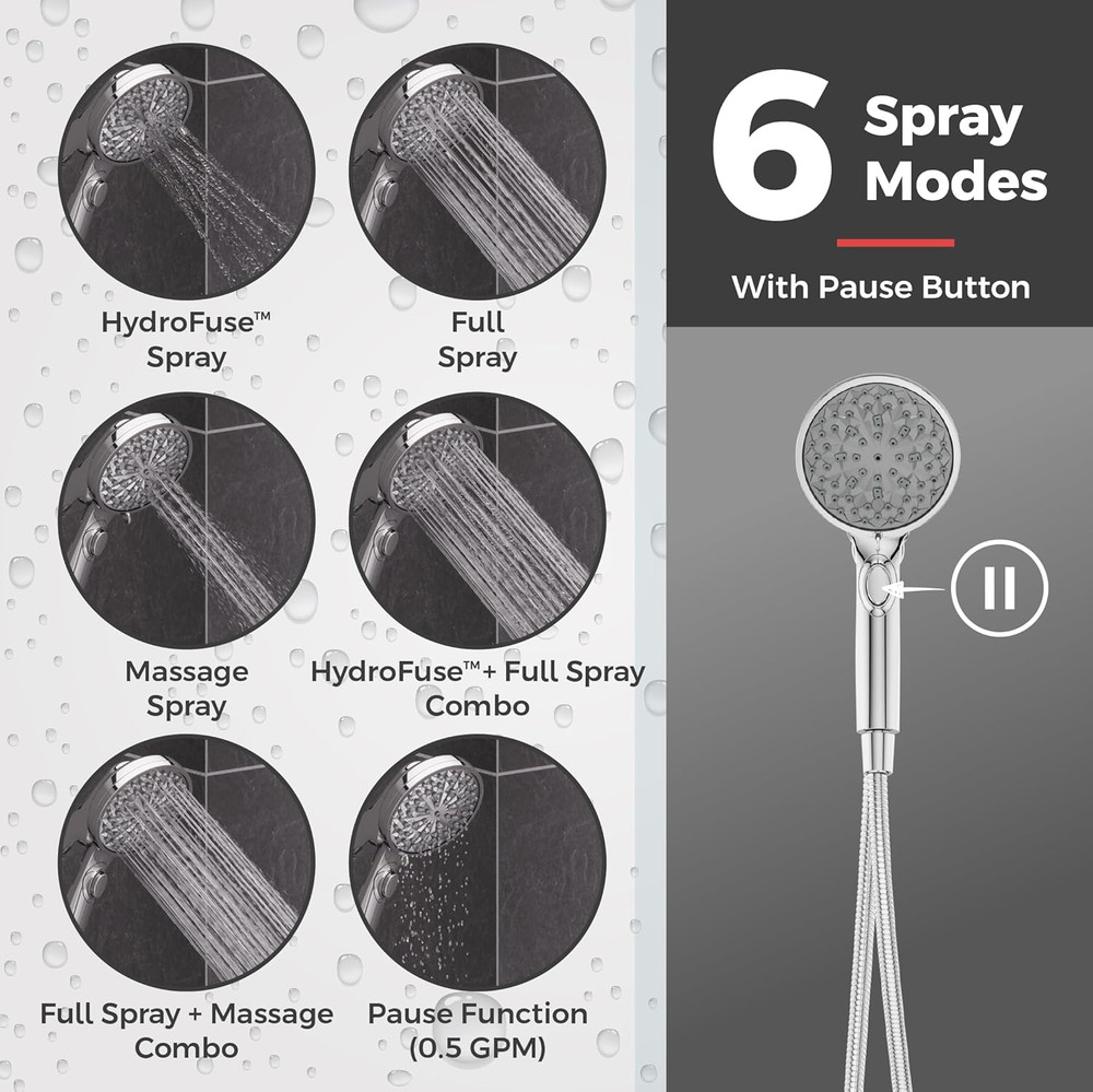 Hydrofuse Handheld Shower Head, Hose Included, Magnetic Docking, 6-Function, 1.7