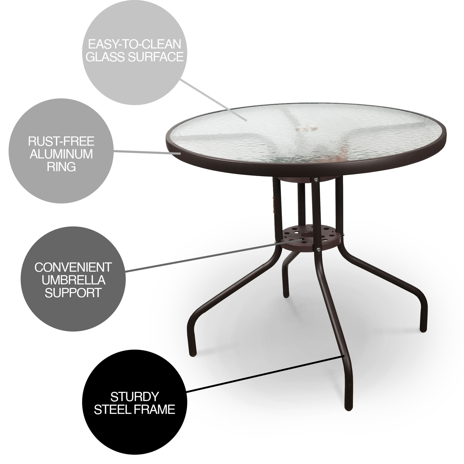 Garden Elements Glass Patio Dining Furniture Round Steel Table, Brown, 31.5"