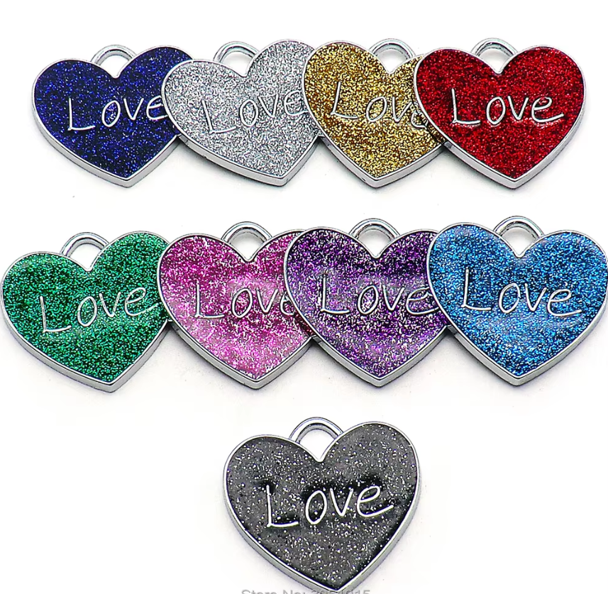 LOVE Glitter Heart PET ID Tag Engraved Custom CAT DOG Name Tag | Ring Include