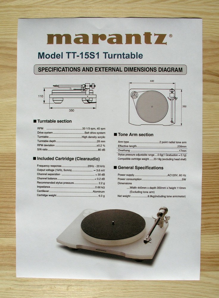 Marantz TT-15S1 Custom Designed Turntable Tonearm Cartridge Alignment Protractor