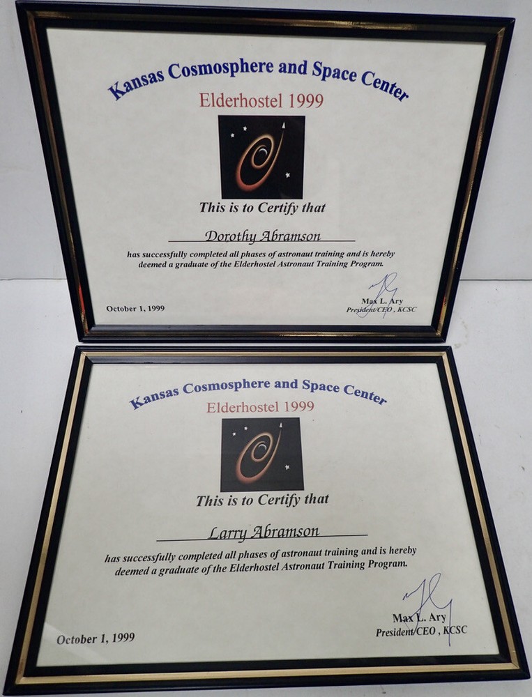 Kansas Cosmosphere & Space Center (2) Astronaut Training Program Certificates