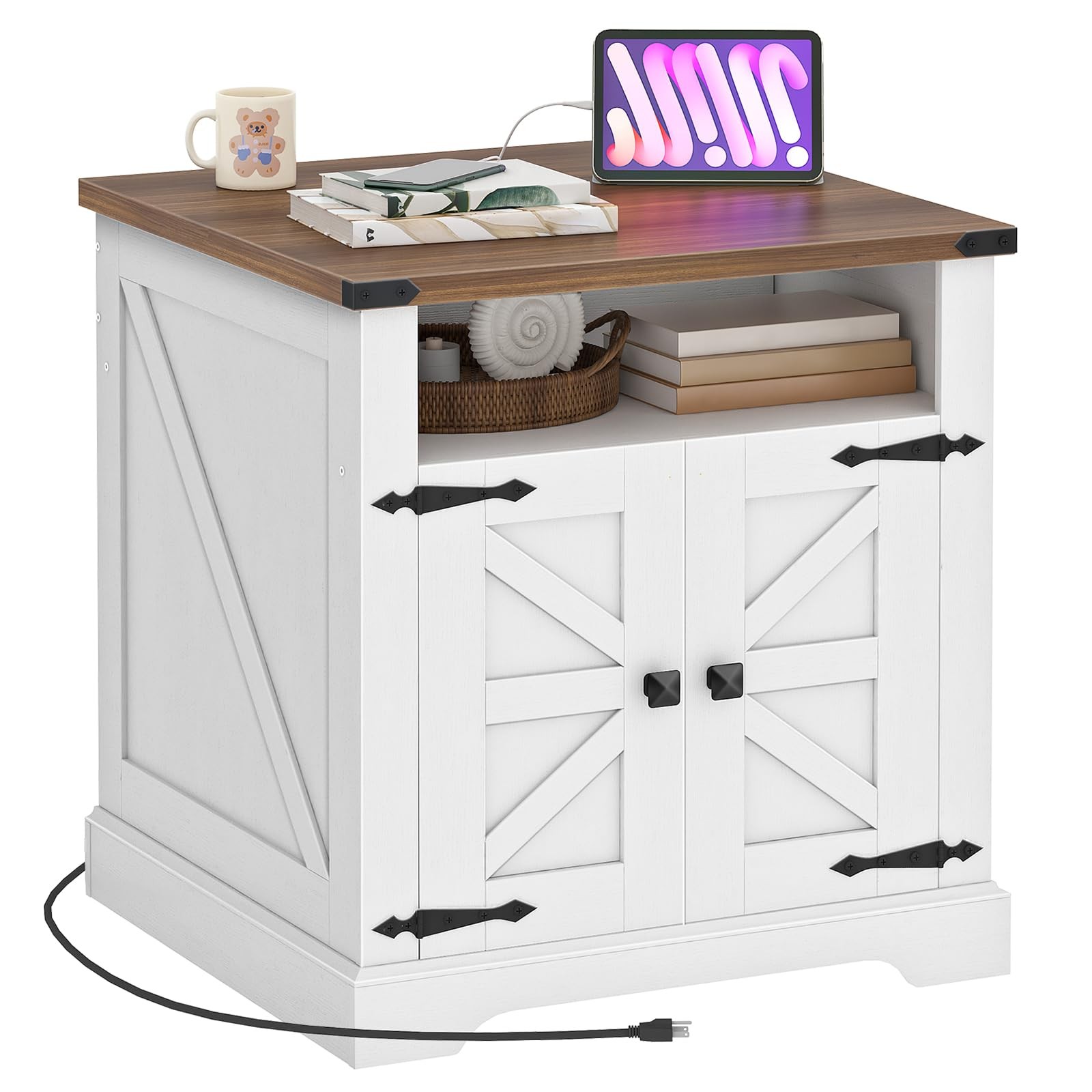Farmhouse End Table with Charging Station Barn Door Flip Top