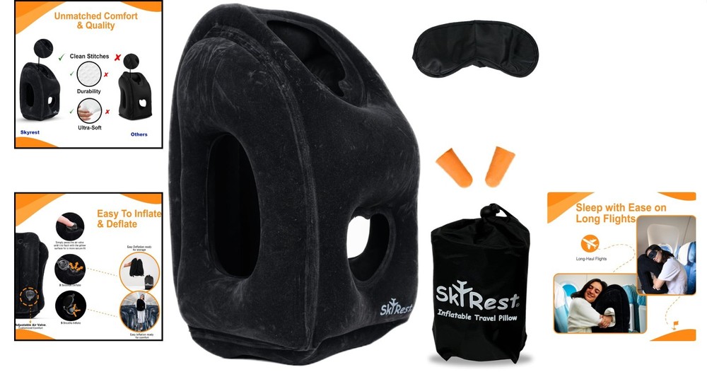 Compact Black Airplane Pillow for Neck Support - Includes Eye Mask & Earplugs