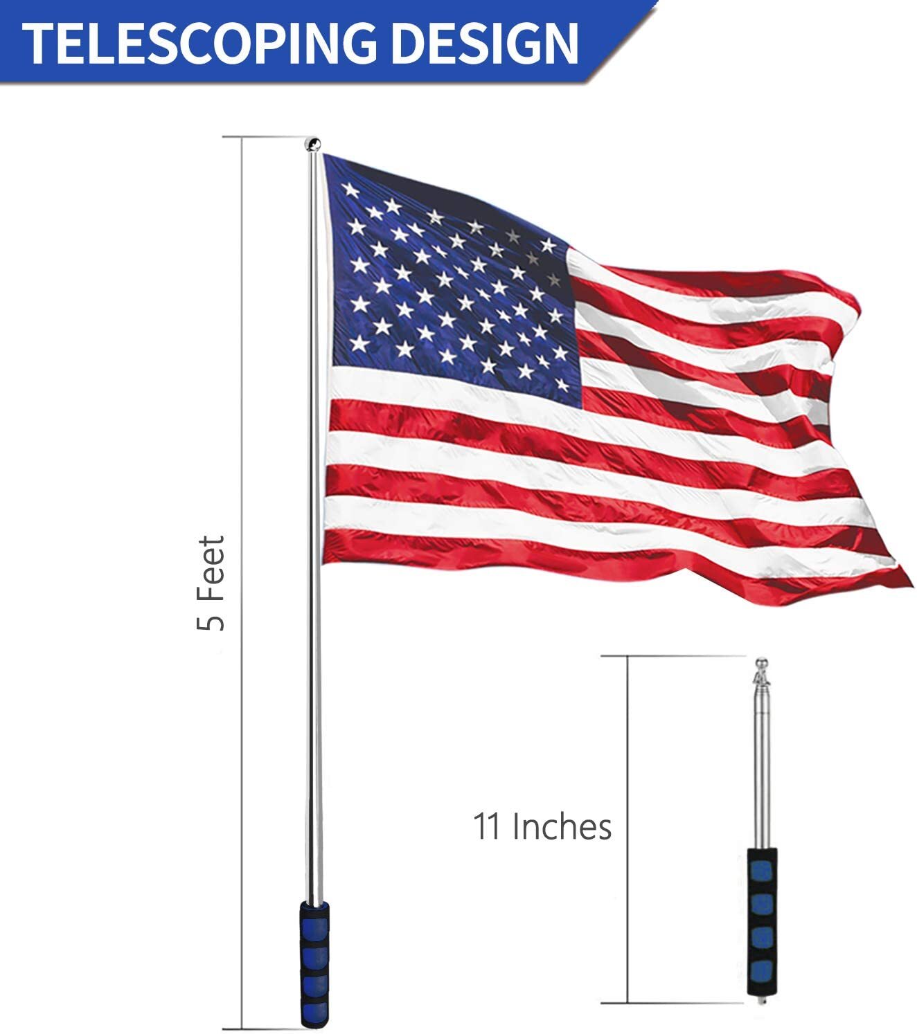 Anley 5 Ft Blue Telescopic Handheld Flagpoles - Extendable Collapsable Flag Pole