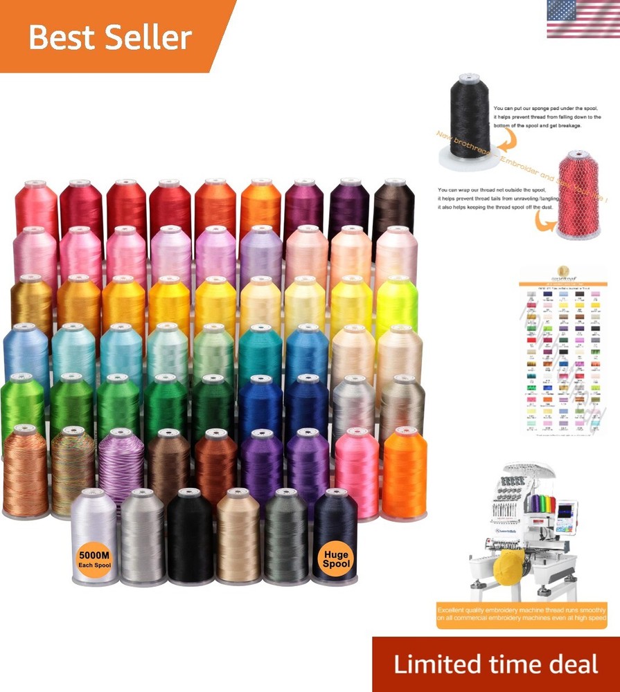 60 Assorted Colors 5000M Polyester Embroidery Thread - Perfect for All Machines