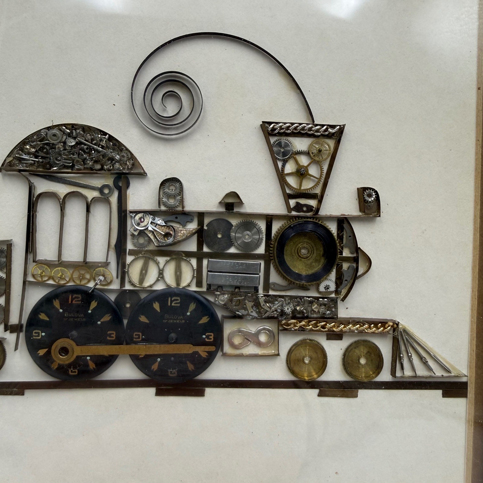 Vintage Handmade Framed Train Art Watch Gears & Findings