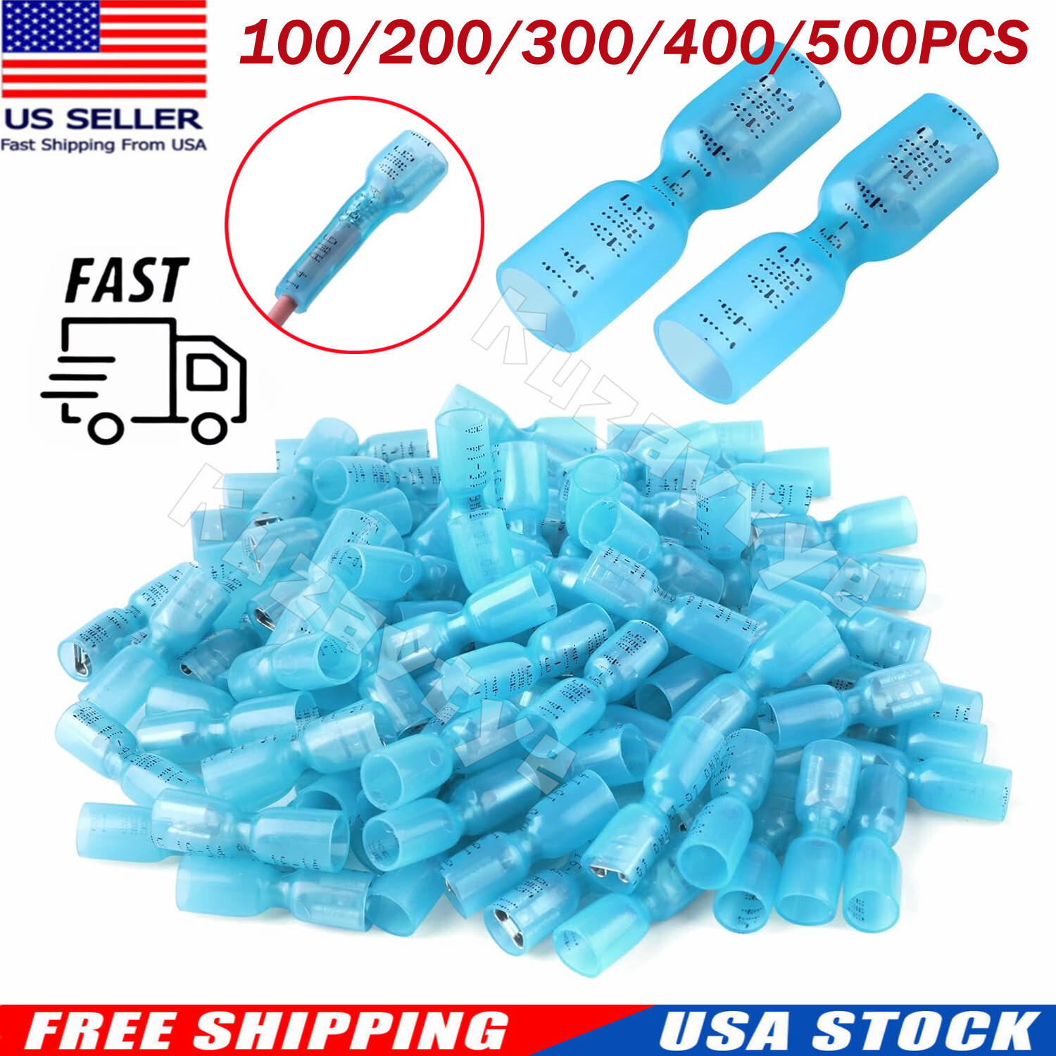 100-500X Female Heat Shrink Spade Wire Connectors 16-14 AWG Crimp Terminals Blue
