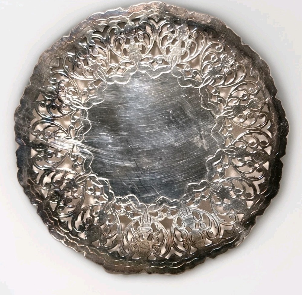 Vintage Marked Denmark Silver Plated Round Pierced Ornate Trivet  7"D