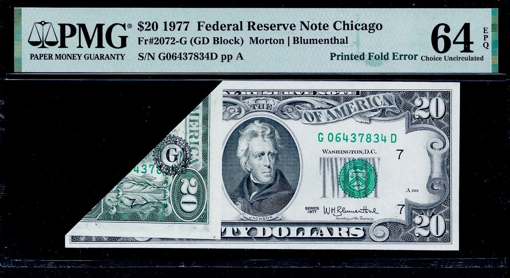 Error 1977 - $20 Chicago- FR. 2072-G Printed Fold Error PMG Ch UNC 64EPQ