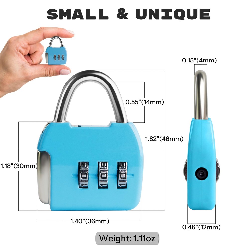Small Combination Padlock, 3 Digit Combination Zipper Lock(Blue+Blue, 2-Pack)
