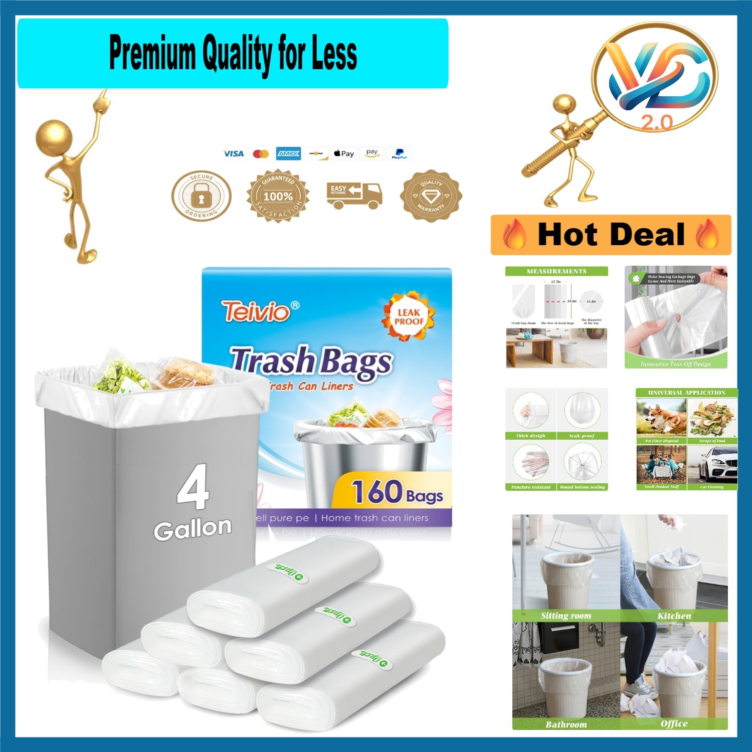 4 Gallon Trash Bags 120 Count Clear Small Plastic Garbage Bags for Kitchen