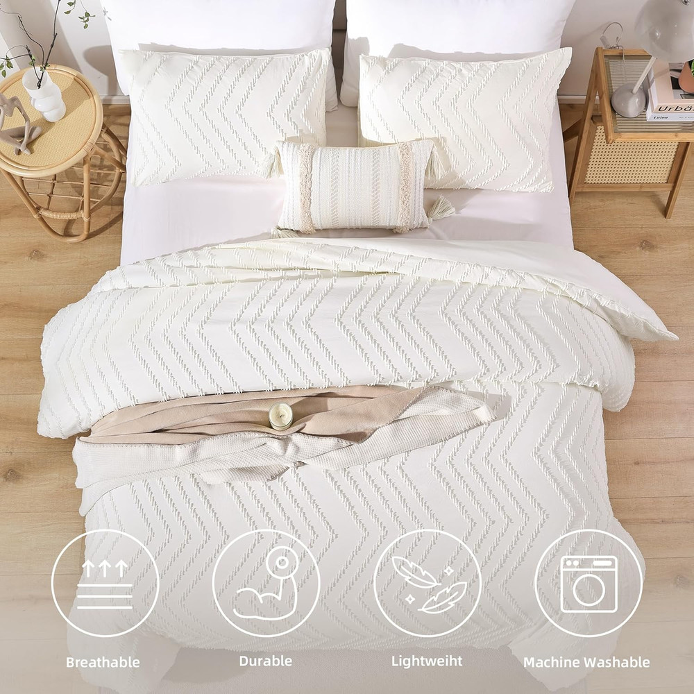 Ivory White Full Comforter Set 3Pcs, Boho Full Size Bedding Set, Vertical Tufted