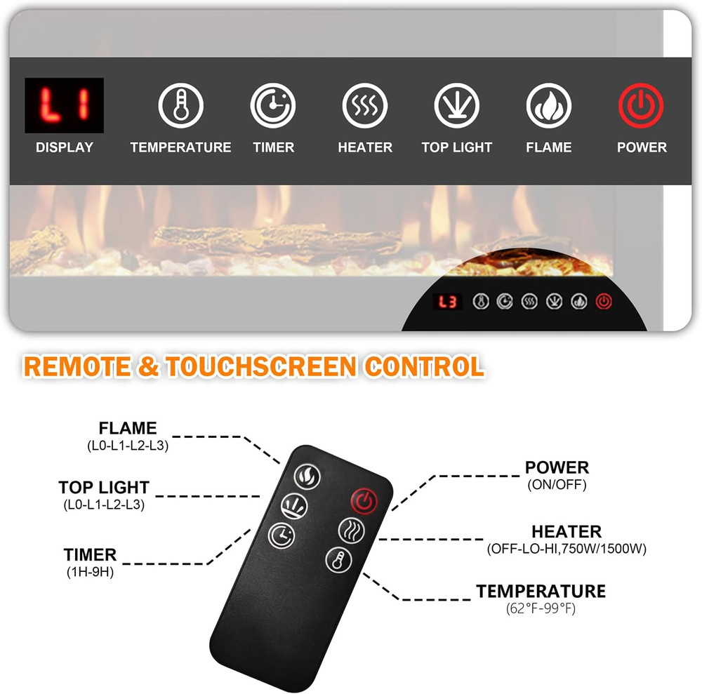 Recessed 88" Electric Fireplace with Adjustable Flame & Remote Control