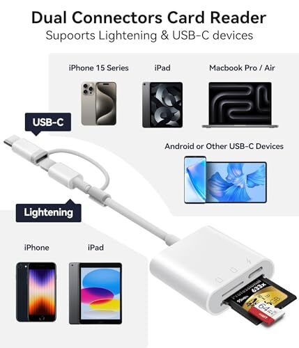 SD Card Reader for iPhone iPad, Digital Trail 2 Slots to (Lightning+USBC)