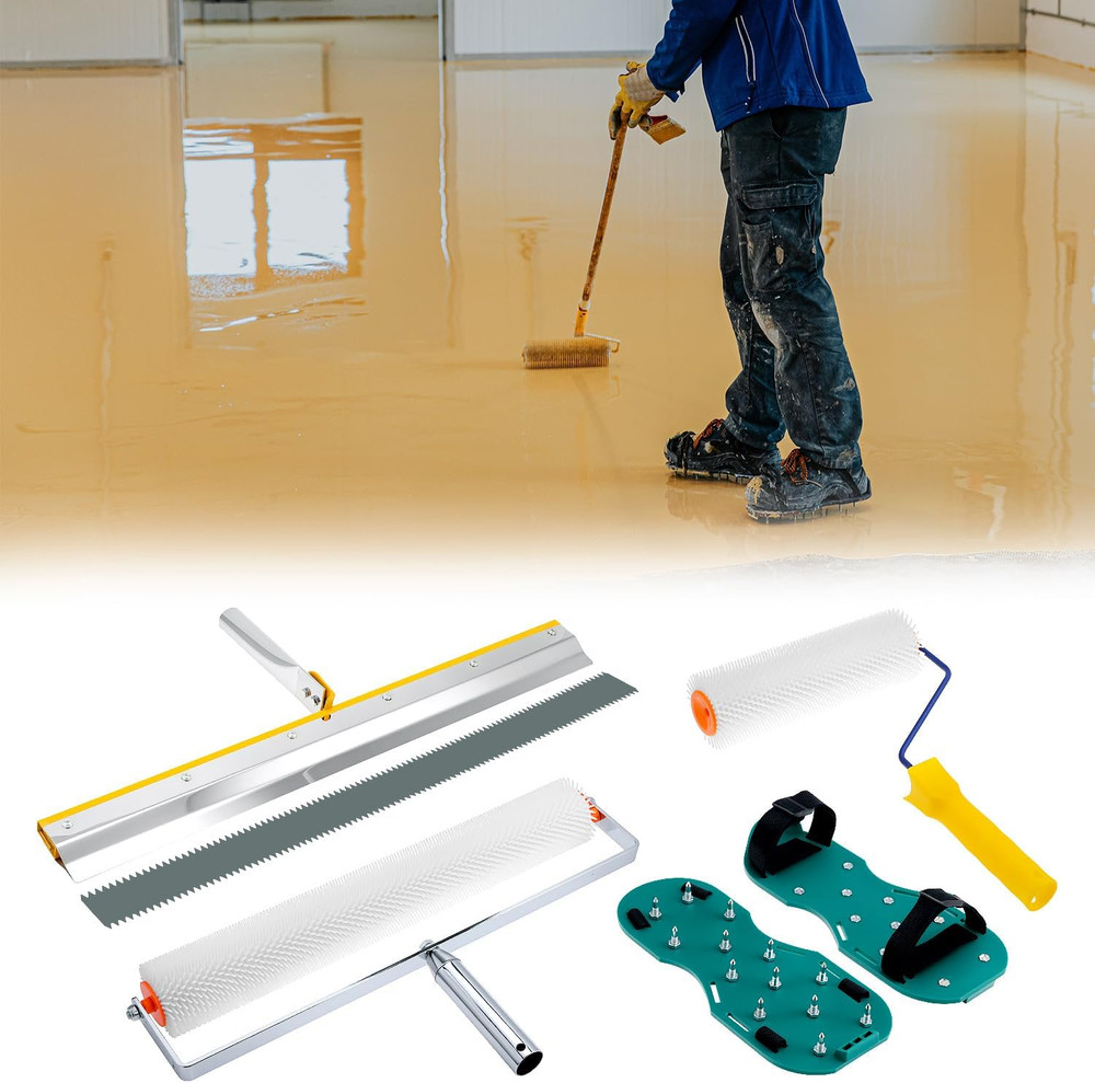 QWORK Self-Leveling Cement Tool Kit, 9" & 20" Spike Rollers with Scraper and Spi