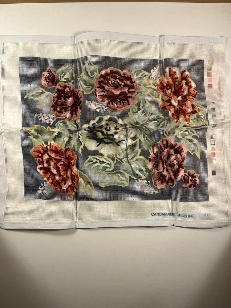 Something Special Needlepoint Kit #30681 "Roses on Blue Pillow" - Started