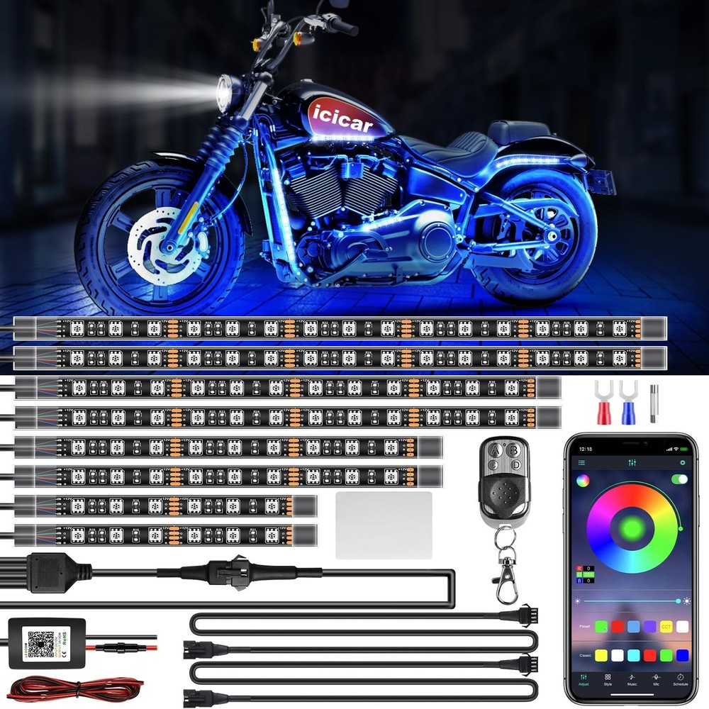 8PCS Motorcycle LED Underglow Kit, 4 Key Remote Control App Control with Two ...