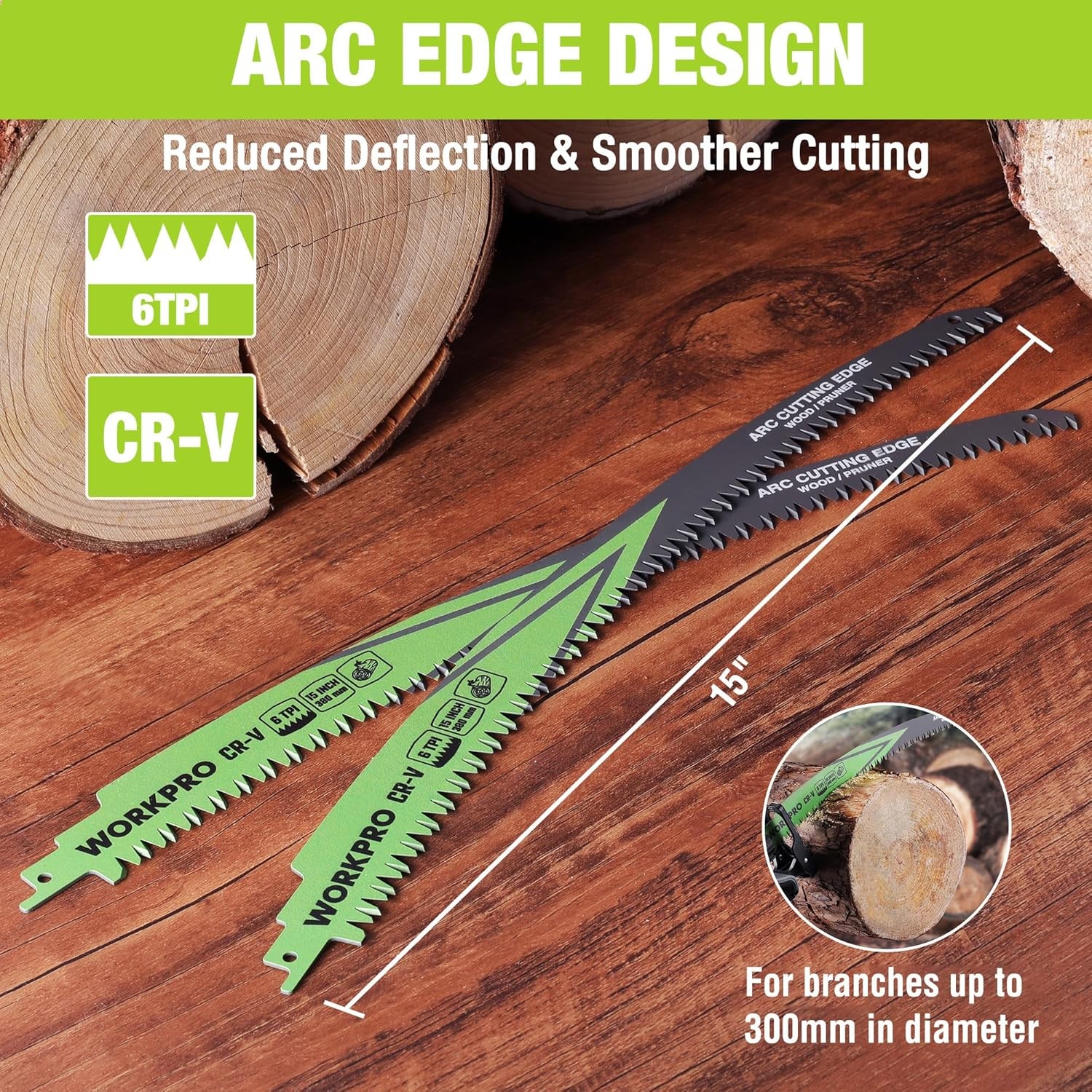 WORKPRO 3PCS Arc Cutting Edge 15" Wood Pruning Reciprocating Saw Blades Set 6TPI