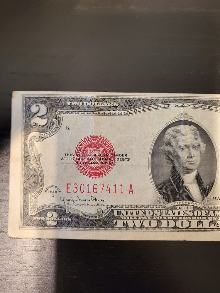 1928 G Two Dollar $2 Red Seal Note
