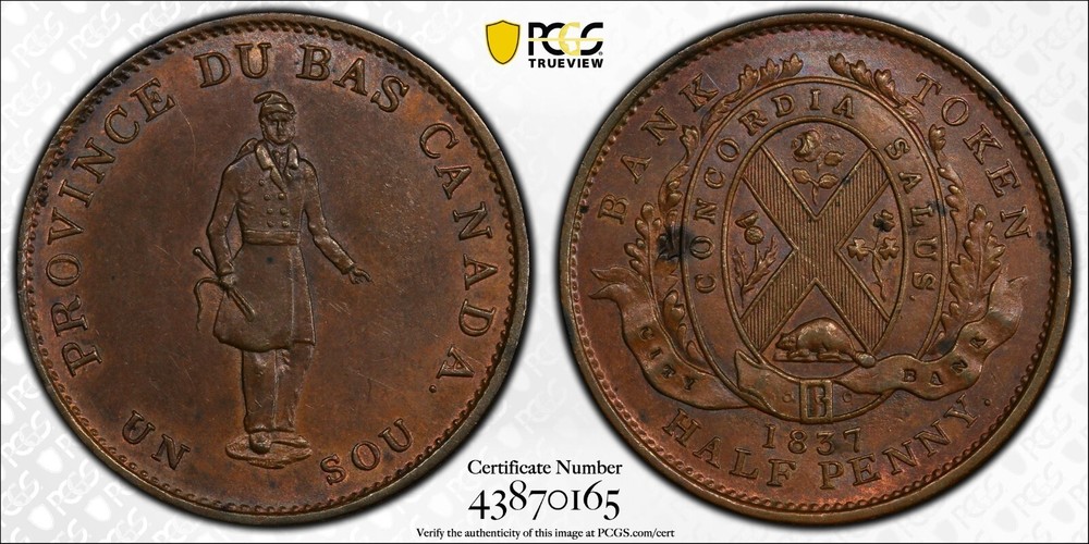 1837 Lower Canada 1/2d token PCGS MS63BN, LC-8A1