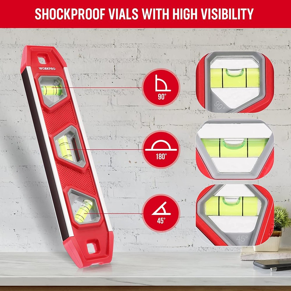 WORKPRO 9-Inch Torpedo Level Magnetic, Small Leveler Tool w/3 Different Bubbles