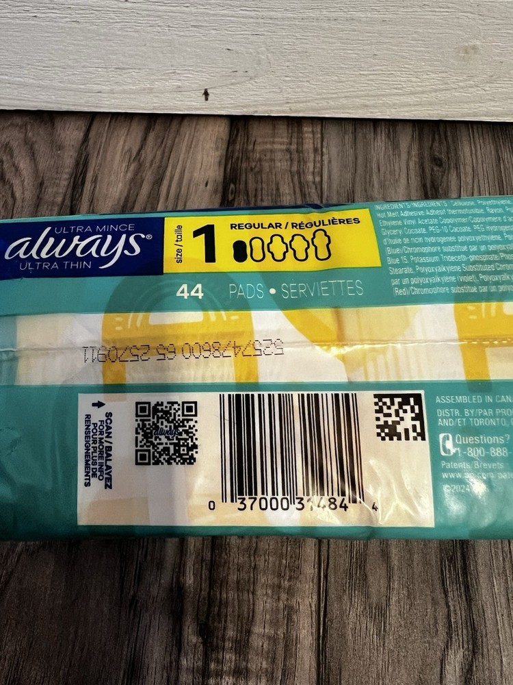 Always Ulta Thin Pads WITHOUT Wings Size 1 Regular/ 44 Pads