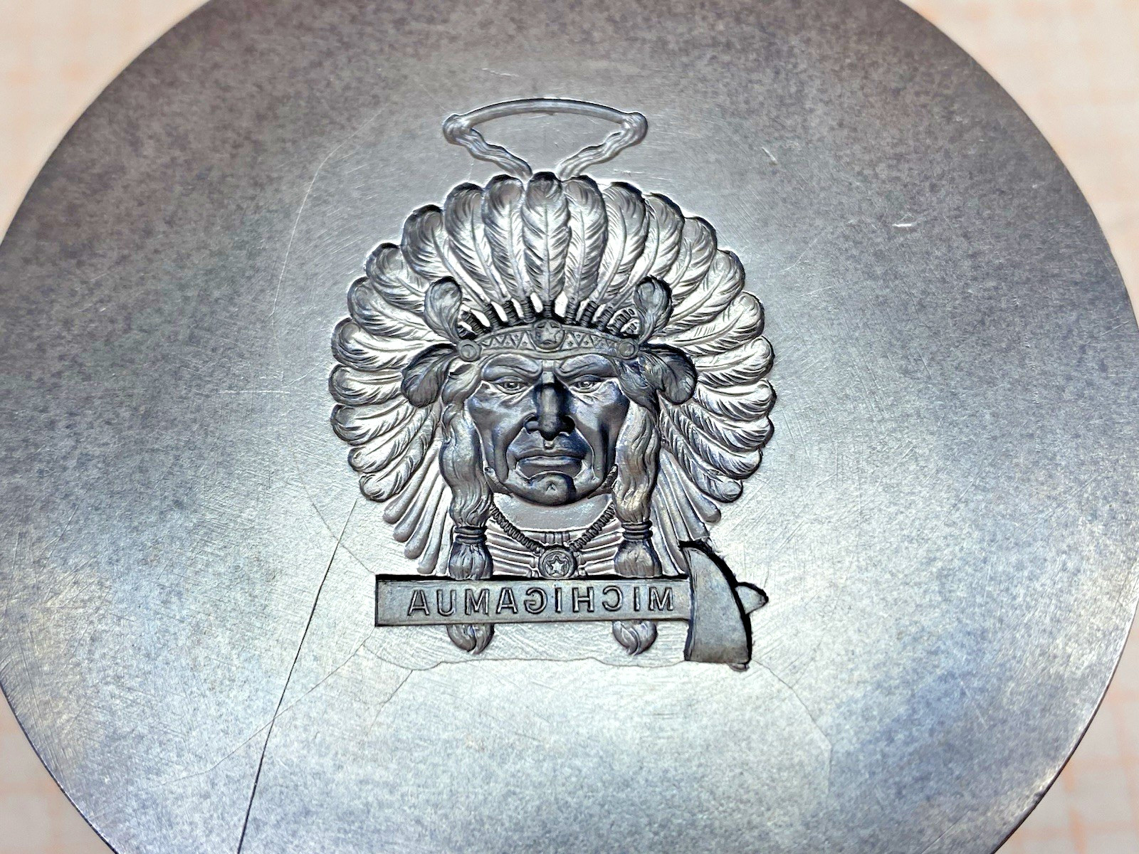 VTG Die Mold Native American Indian Chief Michigamua Tomahawk Watch Fob Medal