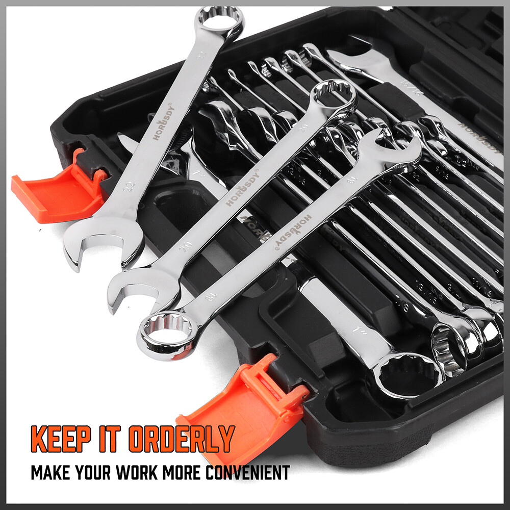 32PC Wrench Spanner Set SAE Metric 1/4"-1" 7-22mm 12 Point Box End Storage Case