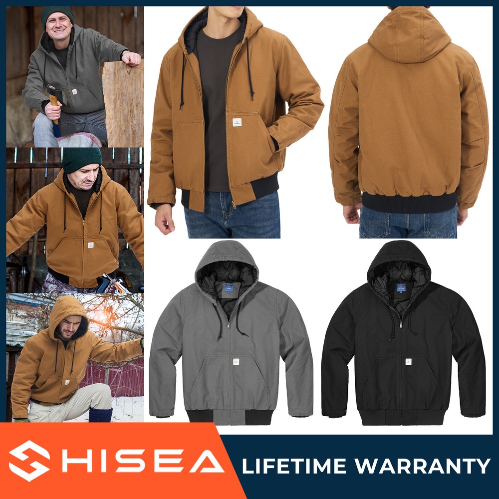 HISEA Men Full Zip Hooded Jacket Quilted Lining Active Jacket Work Coat Pockets