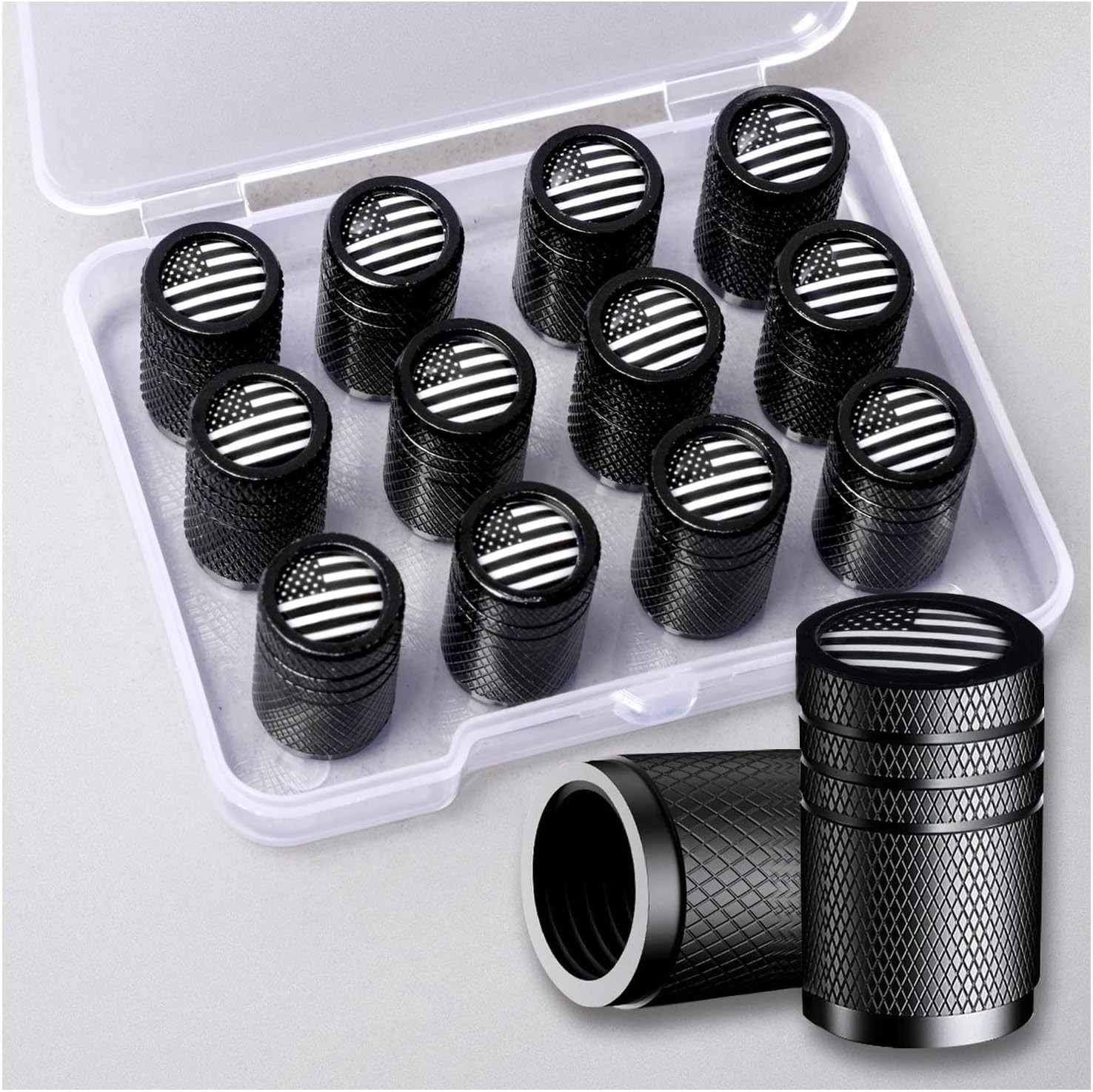 American Flag Tire Valve Stem Caps, Aluminum USA Black White (12 Pack)