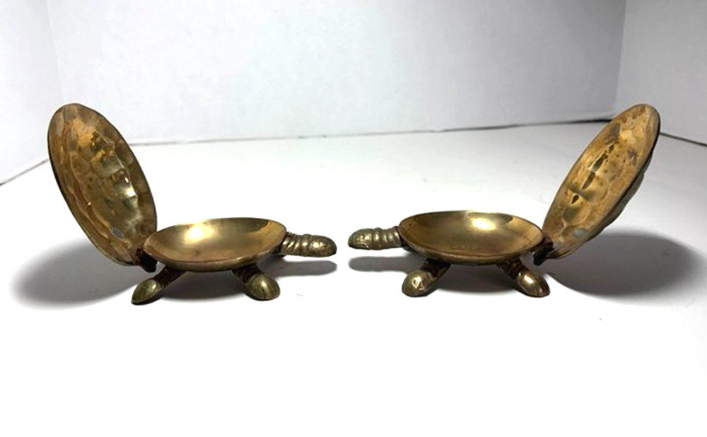 Two Vintage Brass Turtle Containers with Hinged Shell Lid Trinket Boxes