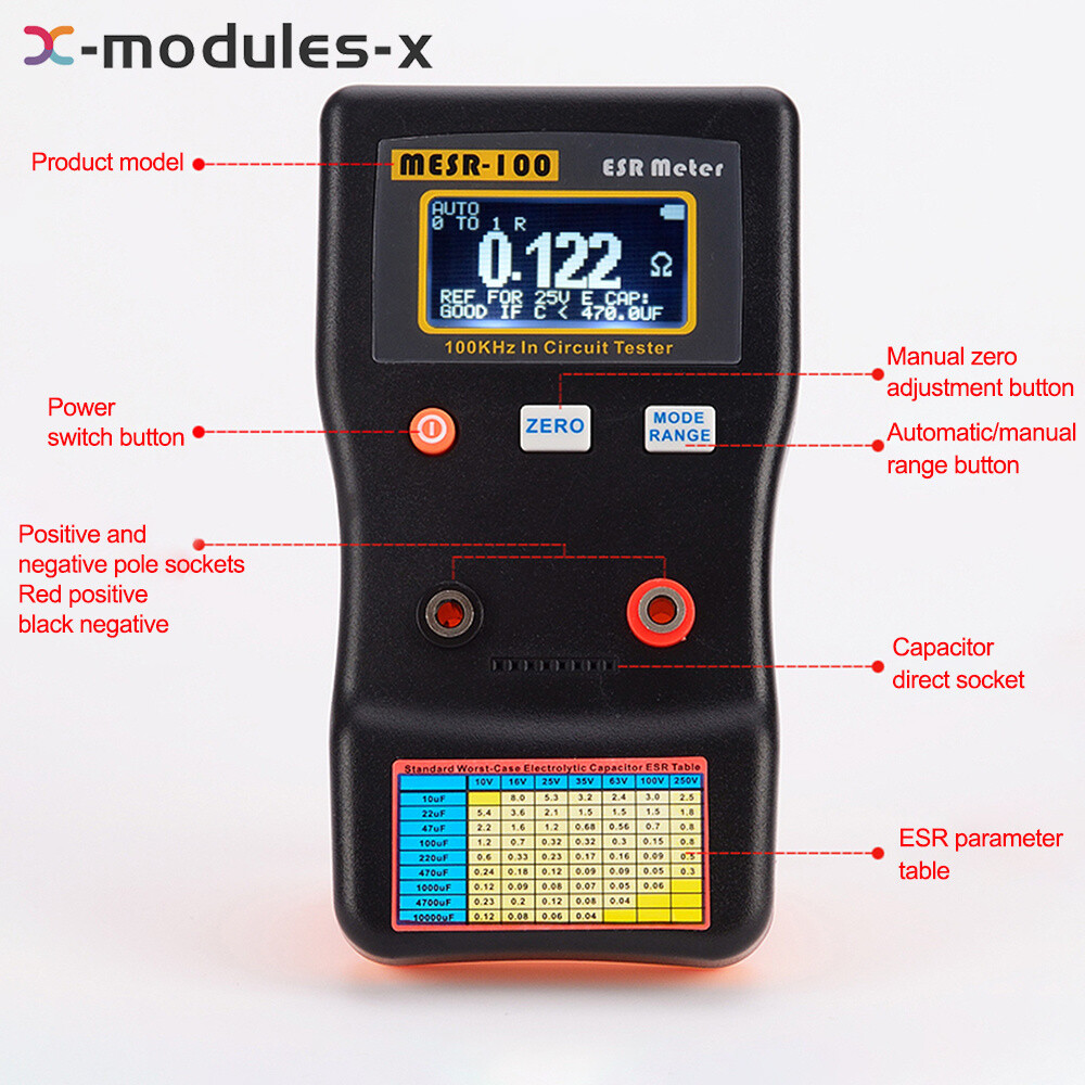 MESR-100 ESR Capacitance Ohm Meter Capacitance Internal Resistance Tester Tool