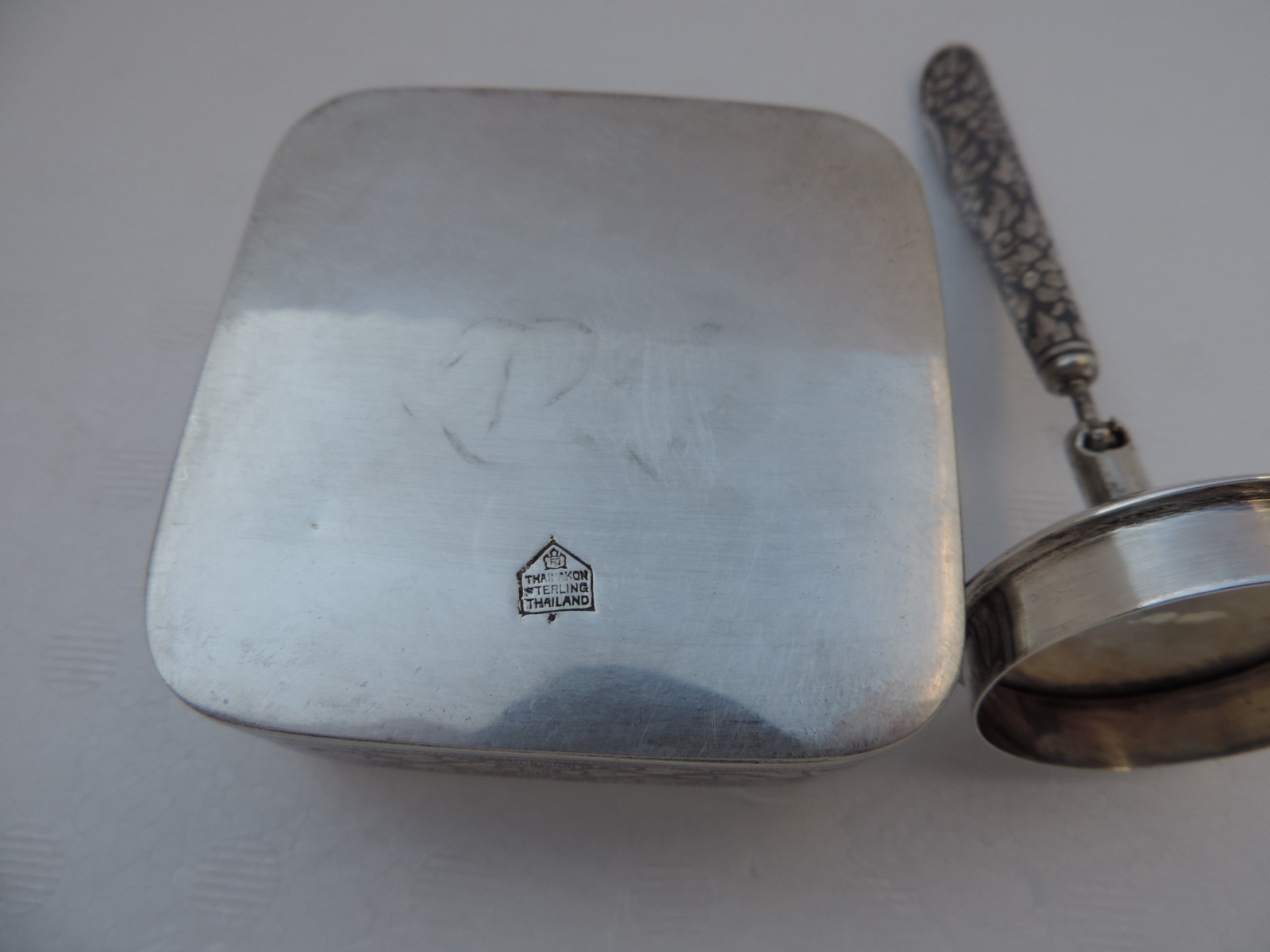 Thai Nakon Siam Sterling Silver Niello Pen Pencil Holder box Desktop Stand 205g