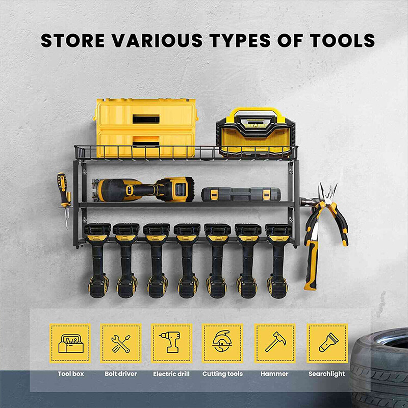 Power Tool Organizer 7 Drill Holder Wall Mount 3 Layer Garage Storage Rack Black