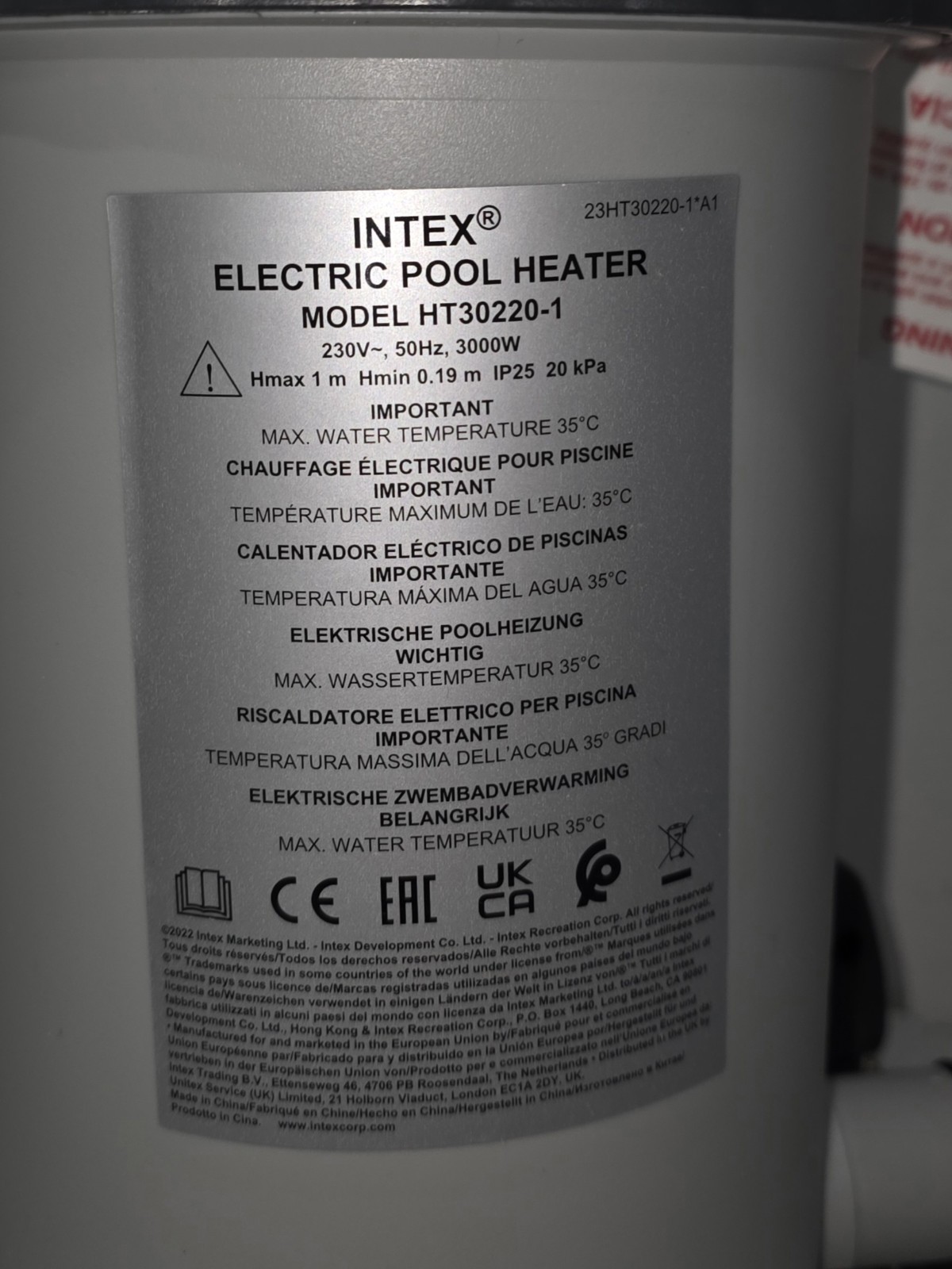Intex M Pool Heater 28684 HT30220-1 #6941057401904 EU EUROPEAN PLUG - OPEN BOX