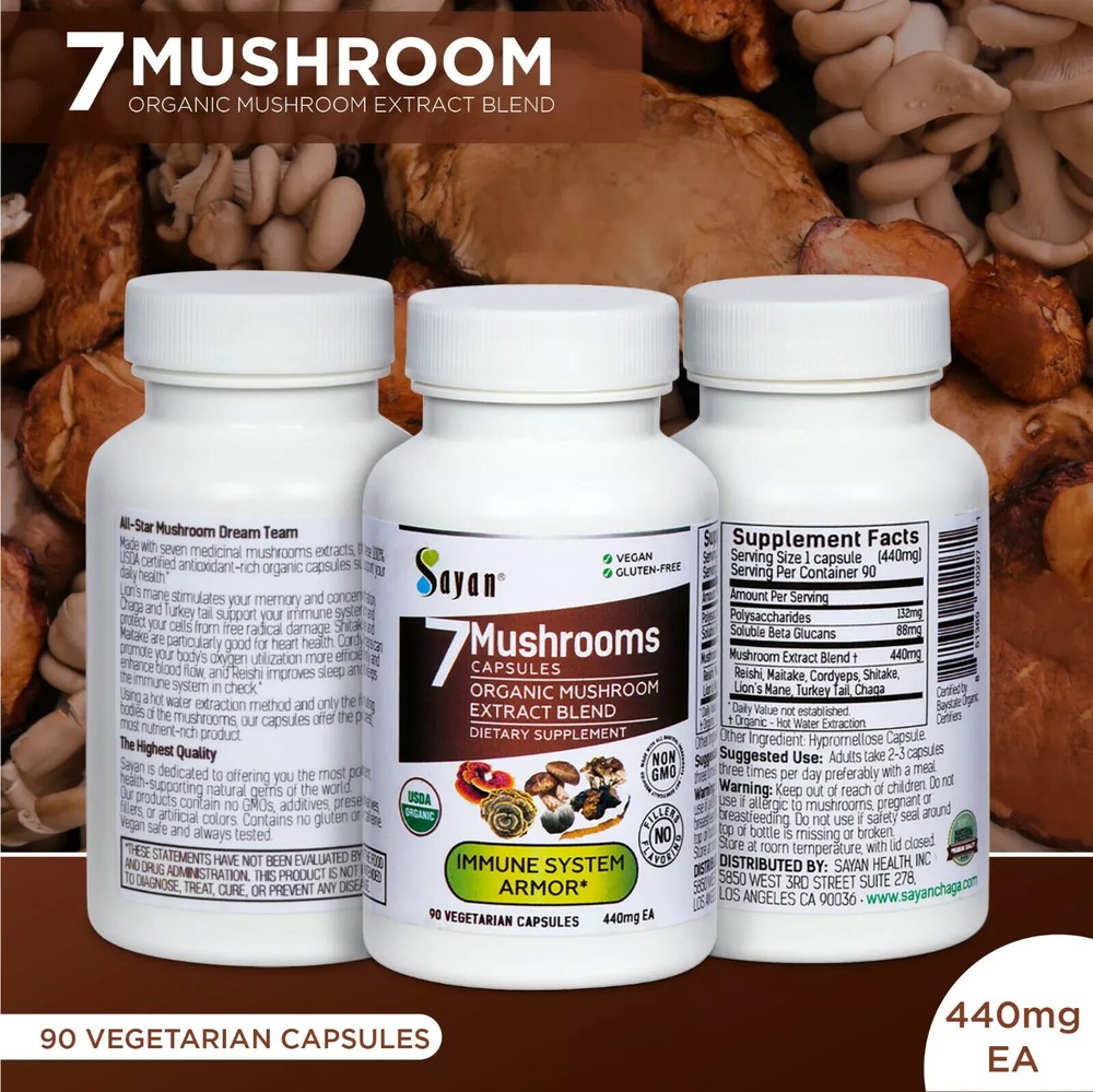 7 Mushrooms Extract Supplement Energy Boost Complex Lion's Mane Reishi 90 Caps