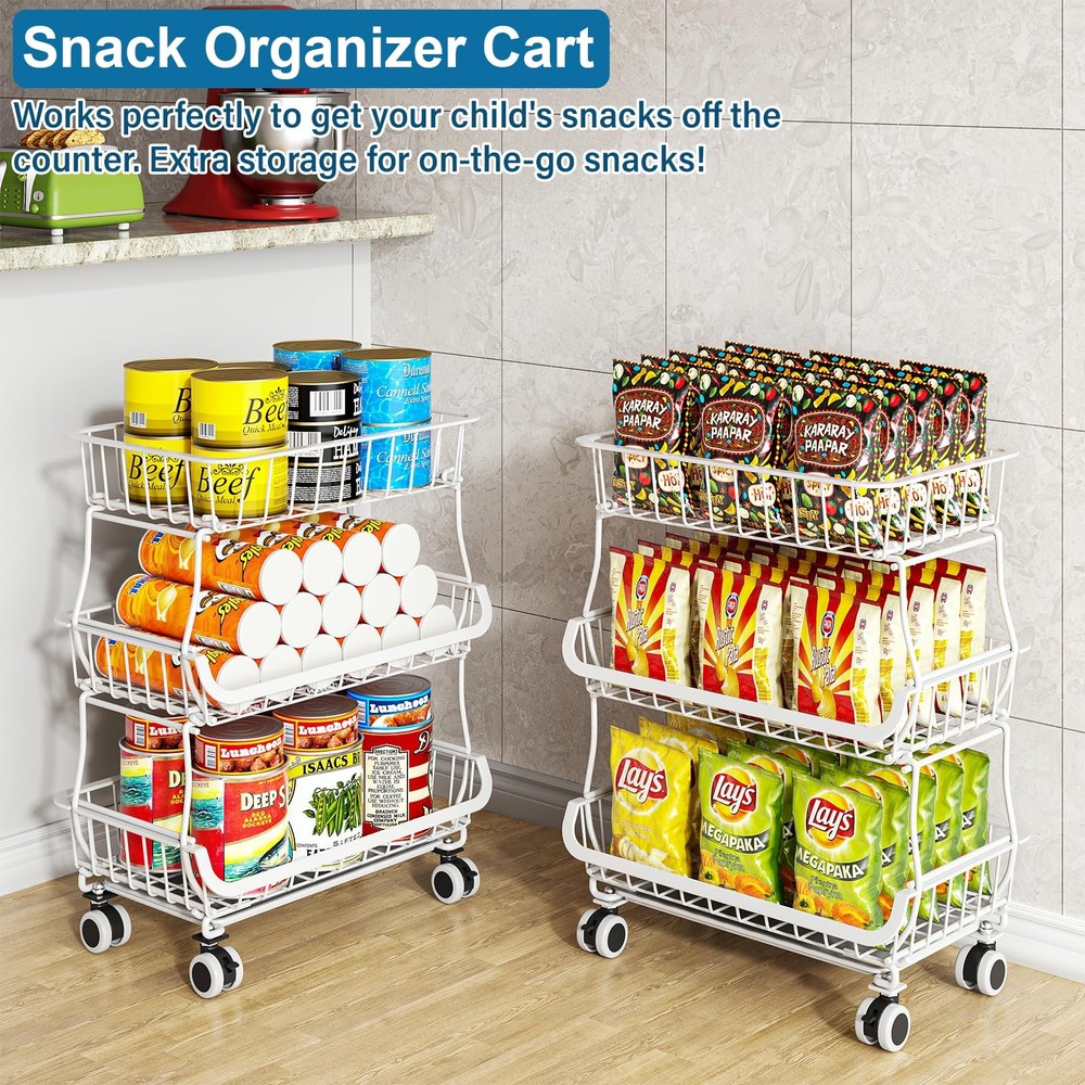 3-Tier Rolling Pantry Floor Organizer and Storage Cart with Wheels, Stackable...