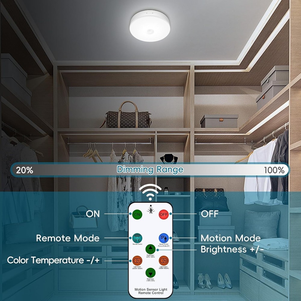 Rechargeable Motion Sensor Ceiling Light With Remote 7.4 Inch Wireless Ceiling L