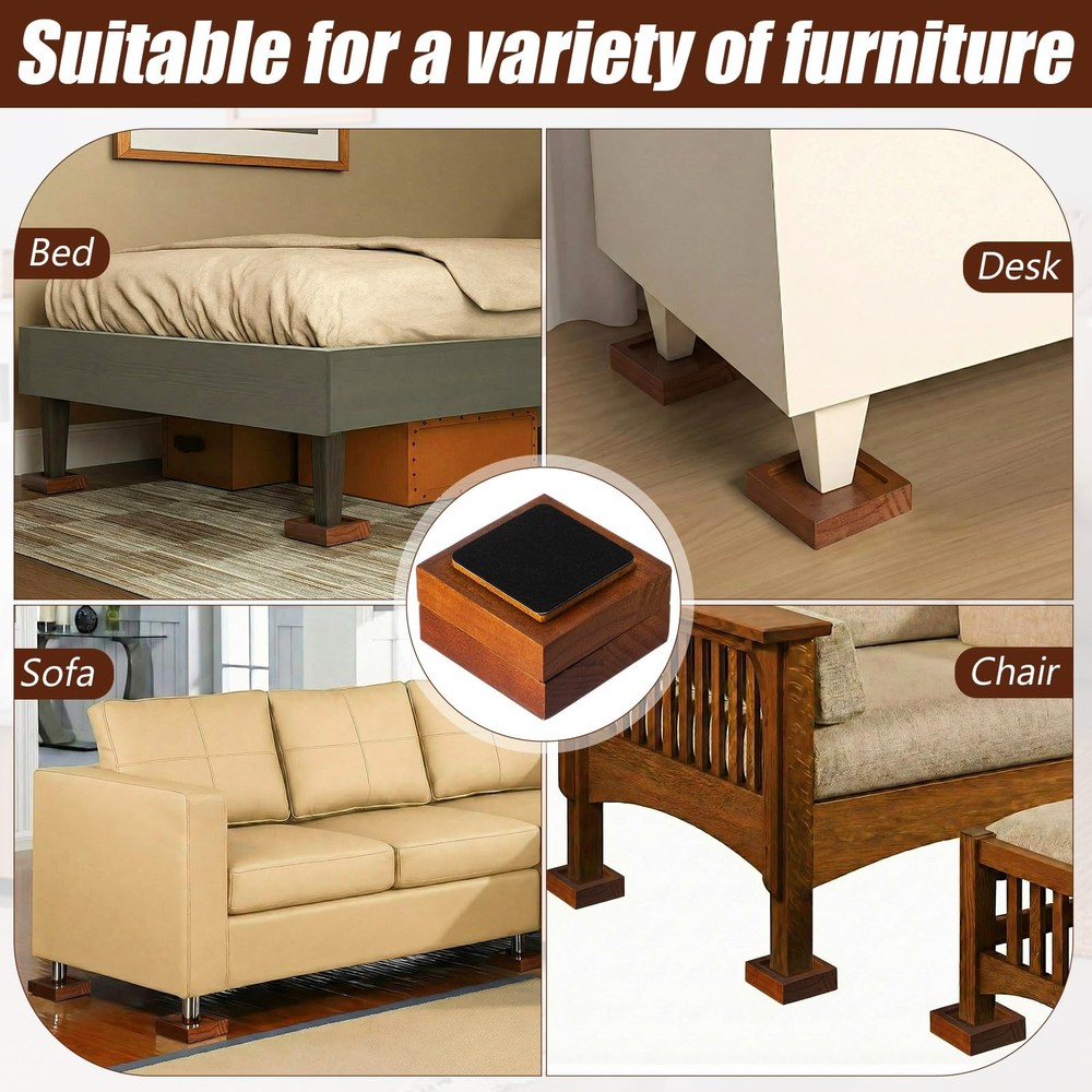 8 Pack Bed Risers Solid Wood Lifts Height Adjustable 1-4 Inch Walnut