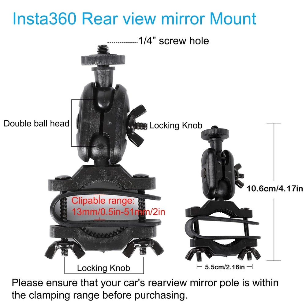 PellKing Rear View Mirror Holder Suction Cup Kit for Insta360 Black