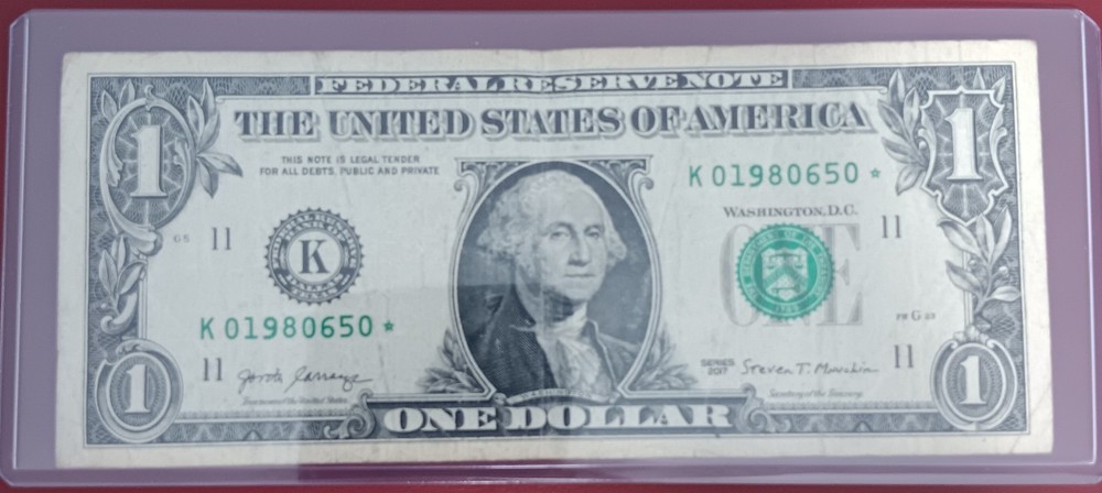 2017 $1 Star Note Error SN: K01980650*