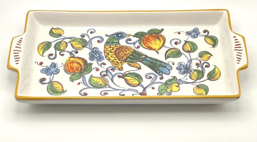 Nova Deruta Bird and Fruit Handled Rectangular Tray Made in Italy