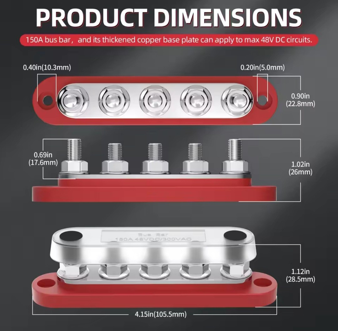 Set Of 2 - 150A Automotive 5 Way M6 Copper Wiring Busbar Guided Busbar Solar RV