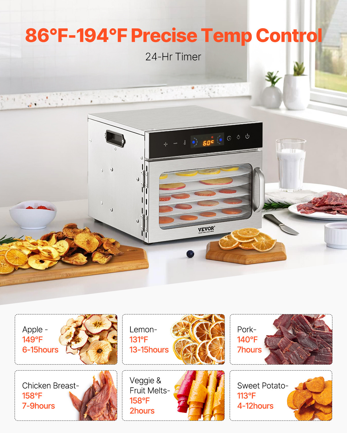 VEVOR 6 Trays Food Dehydrator Machine Stainless Steel 400W Jerky Fruit Drying