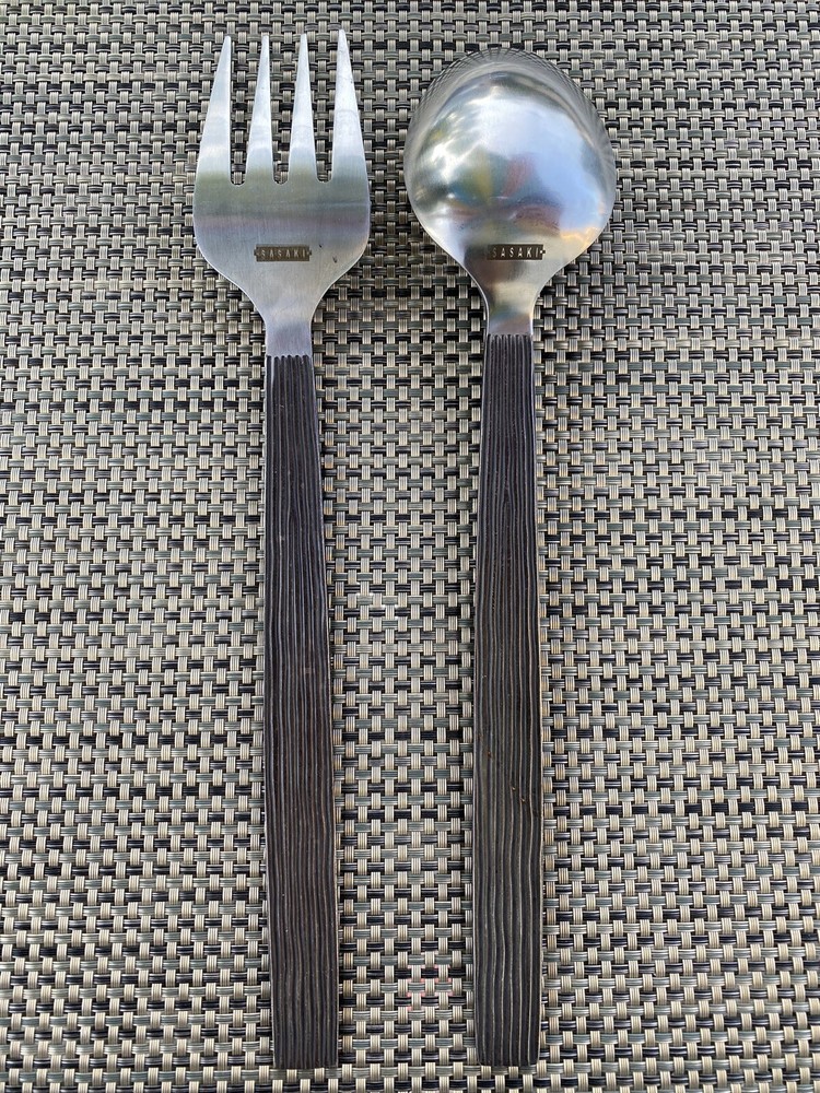 Sasaki Japan Extra Large Stainless Teak Pattern Serving Utensil Set Fork & Spoon