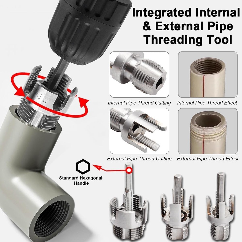 3Pcs PVC Pipe Threader Kit 1/2" 3/4" 1" NPT, Integrated Internal & External Pipe
