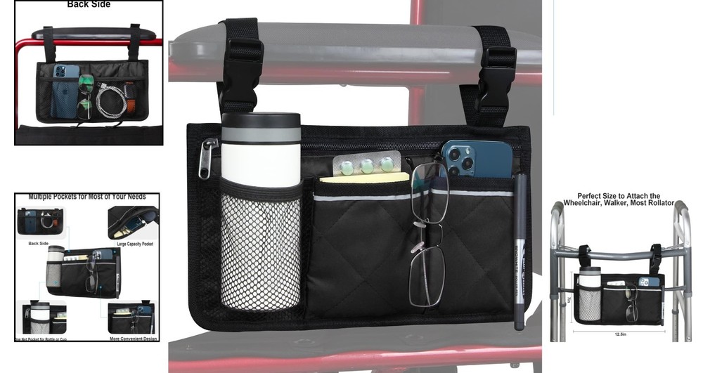 Versatile Wheelchair Side Bag with Safety Reflector & Effortless Accessibility