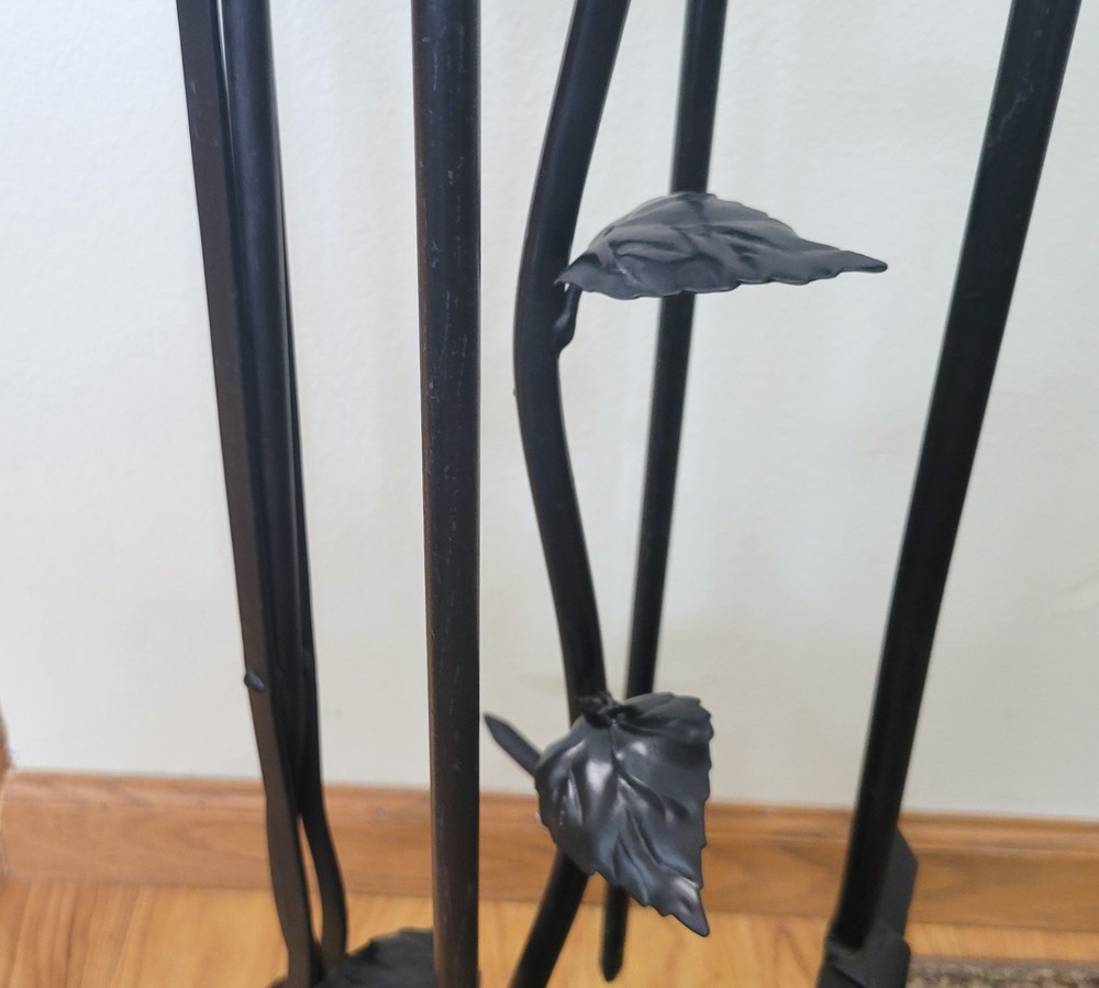 Vintage Black Wrought Iron Leaf Fireplace Tools Set