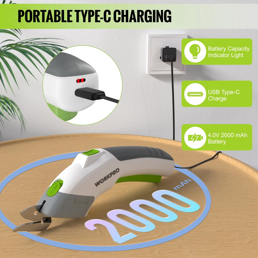 WORKPRO Cordless Electric Scissors 4V Rechargeable Powerful Shears Cutting Tool